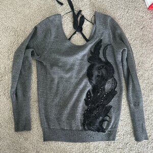 Gray Sweater with Black Lace Appliqué | Women’s Long Sleeve Open Back Top